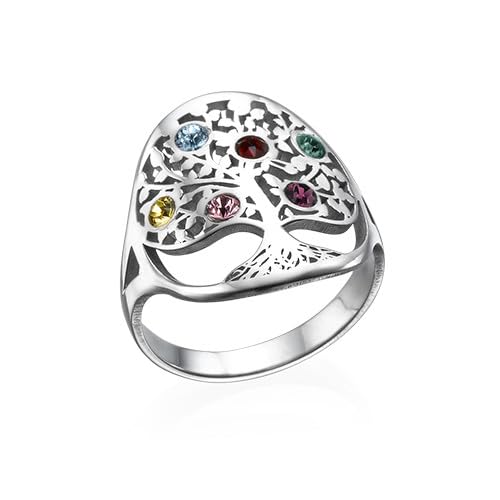 MYKA - Personalized Family Tree Birthstone Ring for Woman, Mom, Her, Wife in Sterling Silver 925 or Gold Plating - Custom Jewelry With Up - To 6 Birthstones - Holiday Custom Gift for Christmas, Xmas, Birthday, Mother