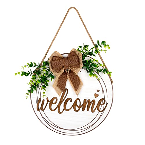 whoaon Willkommensschild - rundes Holzschild für die Haustür, rustikales Holzschild zum Aufhängen, für Bauernhaus-Veranda, Bauernhaus-Tür-Dekor mit rundem Willkommensschild - 30,5 x 30,5 cm, braun Cover