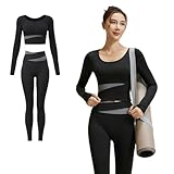 [APMNIX] ヨガウェア セット レディース 上下 スポーツブラ スポーツウェア トレ ーニングウェア 長袖 レギンススポーツ ブラカップ付 2枚組 可愛 いおし ゃれ 快適な動き 伸縮性 吸汗速乾通気 春夏秋冬(S, ブラック(上下2点セット))