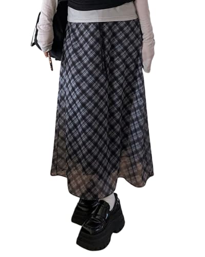 CORIRESHA Women's Retro Elegant Casual Plaid See-Through Mesh Drawstring High Waist A-Line Midi Skirt