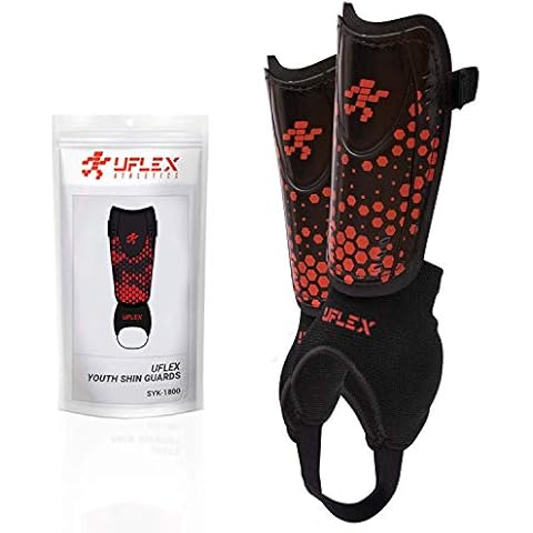 Uflex Athletics Slip and Slide Shin Guards for Kids and Teens - Protective Soccer Gear for Boys and Girls with Padded Ankle Support - Non Slip Adjustable Straps (Medium) Cover