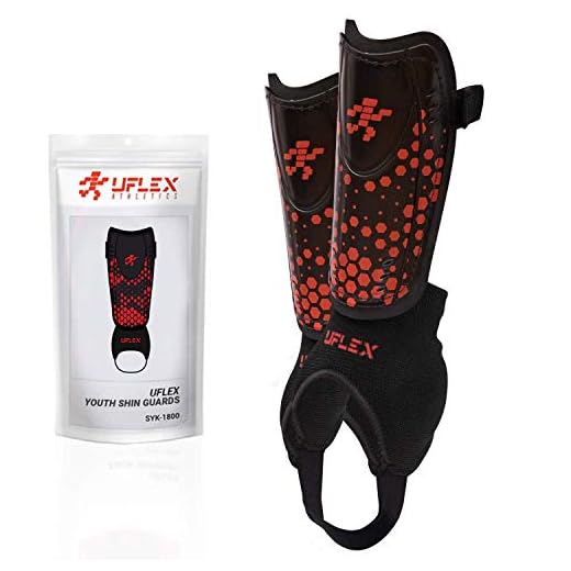 UFlex Athletics Slip and Slide Shin Guards for Kids and Teens - Protective Soccer Gear for Boys and Girls with Padded Ankle Support - Non Slip Adjustable Straps (Medium)