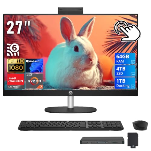 Image of HP 27 inch FHD Touchscreen All-in-One Desktop, AMD Ryzen 7 7730U, 64GB RAM, 5TB Storage(4TB SSD+1TB Docking Station), AMD Radeon Graphics, Wireless Keyboard & Mouse, FHD IR Camera, Wi-Fi 6, Win 11, Black
