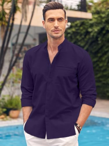Image of Mens Casual Button Down Shirt | Cotton Luster Long Sleeves Shirts | Mandarin Collared Shirts