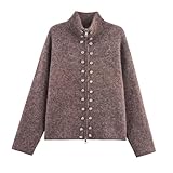 Women's Fall Winter Solid Color Casual Ock Neck Multi-Button Knit Cardigan Jacket (Khaki,Large)