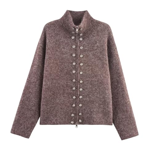 Women's Fall Winter Solid Color Casual Ock Neck Multi-Button Knit Cardigan Jacket (Khaki,Large)