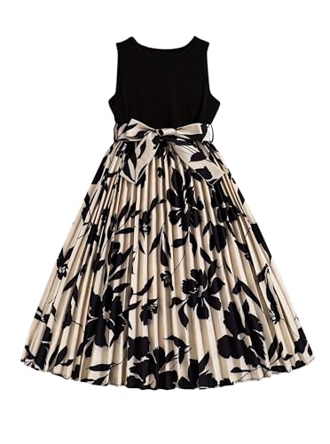 Girl's Floral Dress Summer Sleeveless Vintage Pleated Tank Dresses with Belt