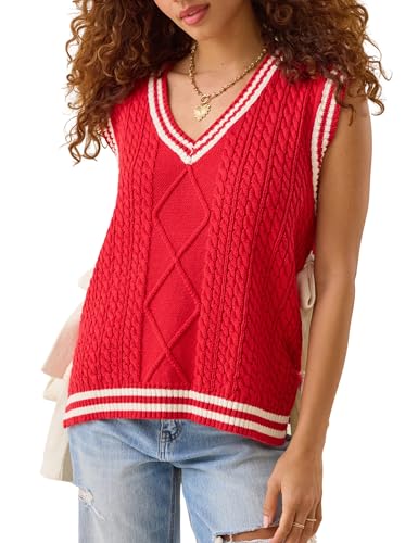 InterNos Women's Striped Cable Sweater Vest V Neck Sleeveless Casual Knit Pullover Top with Side Bow Ties