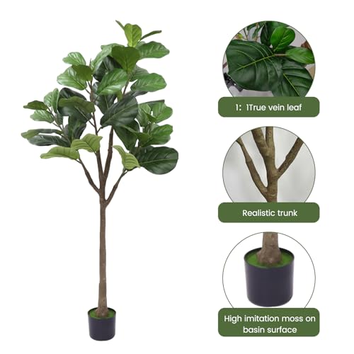 Artificial Fiddle Leaf Fig Tree 5FT, Tall Fake Plants for Indoor Outdoor Decor, Fake Fig Leaf Tree with Pot for Home Office Living Room Decor (2pcs)