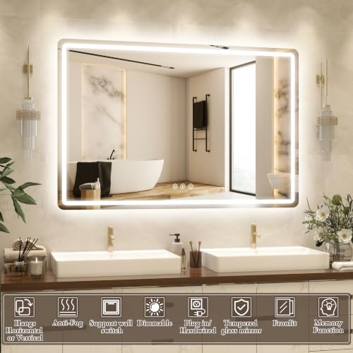 Image of Led Bathroom Mirror with Lights, Anti-Fog & Tri-Color Lighting - Wall Mounted Shaving Mirror with Touch Sensor, Waterproof Smart LED Vanity Mirror Tempered Glass Dimmable 60 inch x 40 inch