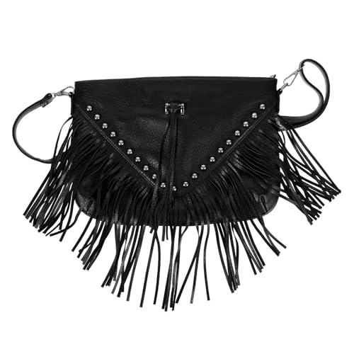 Sac bandoulière femme en cuir souple noir à franges et rivets