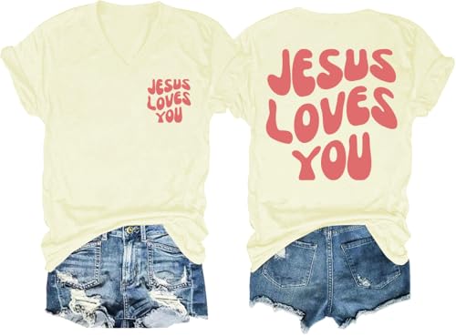 Christian Shirts for Women V-Neck Graphic Tees Jesus Loves You Shirt Be The Light Shirt Faith Religious Inspirational Tshirt