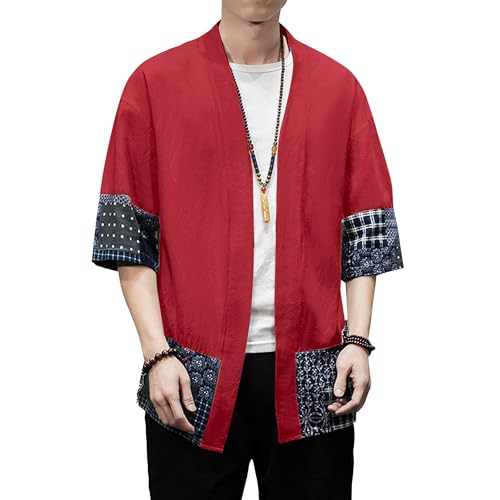 Image of PRIJOUHE Men's Kimono Jackets Cardigan Lightweight Casual Cotton Blends Linen Seven Sleeves Open Front Coat Outwear