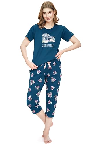 Image of ZEYO Night Suit for Women's Heart Printed Cotton Night Dress of Top and Capri Set 5747