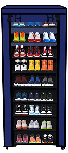 Image of Multi Utility 9 Layer Shelf Collapsible Metal Pipes with Non-Woven 100GSM Fabric Cover for Shoe /Cloth /Toy /Books Rack (Dark Blue, Metal)