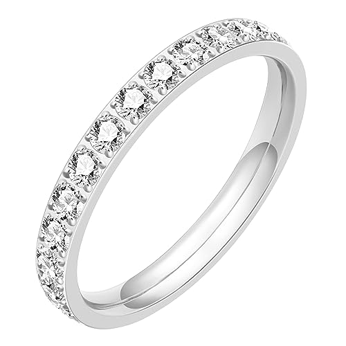 THREE KEYS JEWELRY Women's 2mm 3mm Titanium Ring Silver/Gold/Rose Gold Plated Wedding Band Engagement Ring with Shining Cubic Zirconia