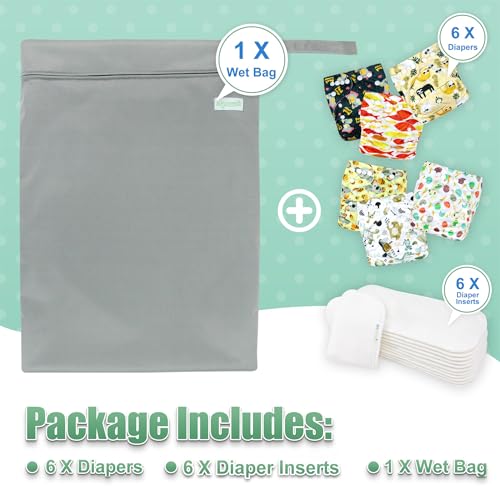 Image of wegreeco Cloth Diapers 6 Pack with 6 Inserts & 1 Wet Bag, Washable Cloth Diapers for Babies, One Size Adjustable Reusable (Animal World)