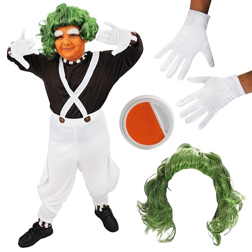 Boys Chocolate Factory Worker - Small - Brown Top White Dungarees Green Wig White Gloves Orange Facepaint - Kids World Book Day Book Week Fancy Dress Costume