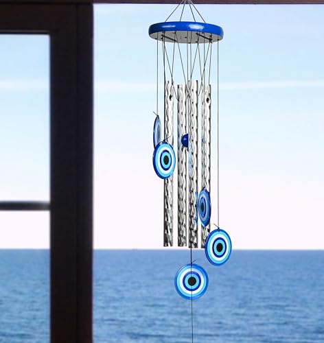 Image of ZAICUS Turkish Evil Eye Wind Chimes - Metal Hanging Decor for Home, Balcony, Entrance & Living Room - 27-inch Chime for Positive Energy & Housewarming Gift (4 Pipe)