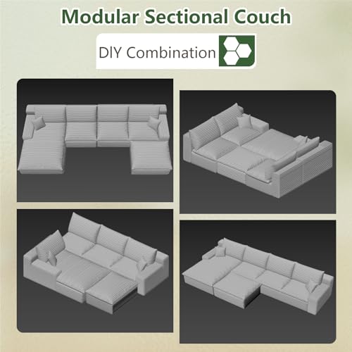 Image of 136 inch Cloud Couch Modular Sectional Sofa for Living Room, U-Shape Boneless Couch with Deep Seat, Modern Corduroy 4-Seater with Ottoman, No Assembly Required (Camel,Left-Facing Chaise)