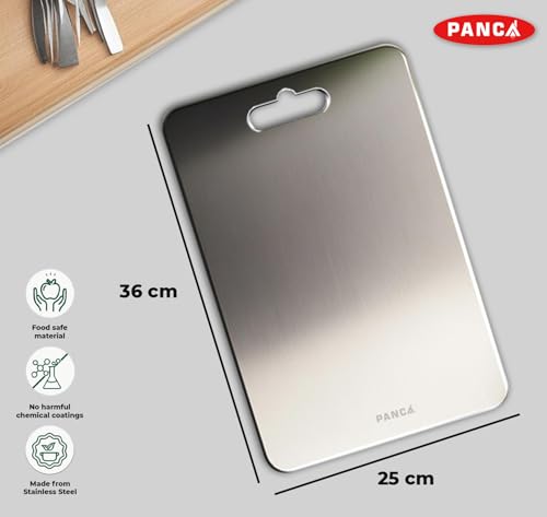 Image of PANCA Stainless Steel Chopping Board 36cm x 25cm for Daily Kitchen Use Heavy Grade Cutting Board for Vegetables, Fruits, Dryfruits, Atta Kneading, Kitchen Tool Essentials (Set of 1)