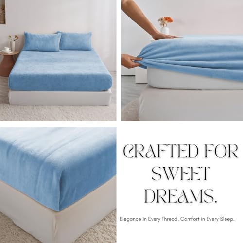 Image of BSB HOME Luxury Warm Winter Elastic Fitted Bedsheet with 2 Pillow Covers - Ultra Soft Flannel Velvet Touch, Cozy & Wrinklefree lintfree Size - 78x72+10 Inches, Aqua Blue