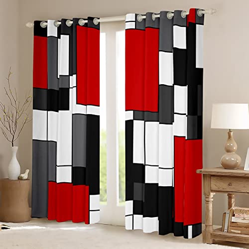 Manfei Kids Red Geometric Window Curtains Black White Grey Square Window Drapes for Girls Room Decor, Modern Abstract Window Treatments Grommet Top 2 Panel Set Bedroom Curtains, 42Wx63L inch