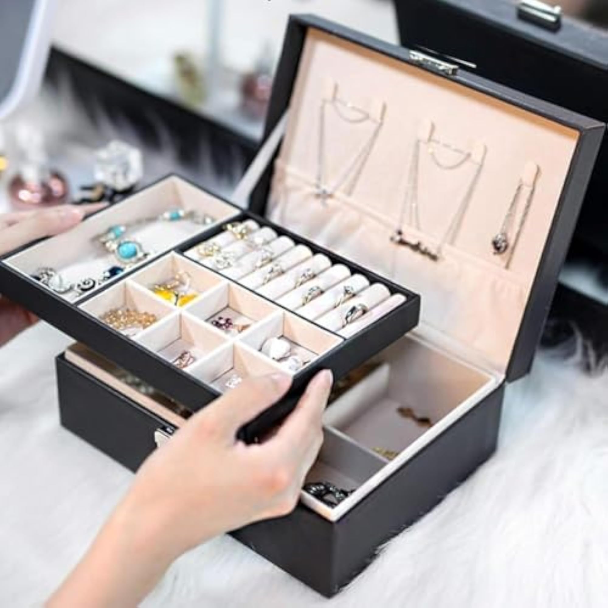 Double Layer PU Leather Jewellery Box with Watch Display