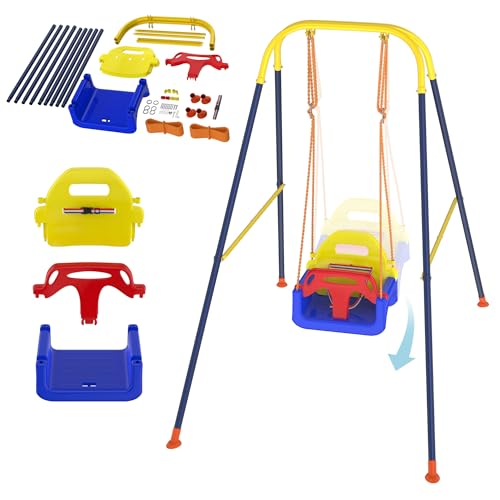 Aufun Babyschaukel mit starkem Gestell 3-in-1, Faltbare Kinderschaukel für Indoor und Outdoor, Höhenverstellbar Nestschaukel Gartenschaukel Schaukelgerüst bis 40KG für 6 Monate und älter Kinder