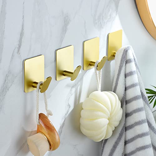Deliton Adhesive Towel Hooks Gold - 4 Pack Towel Hook For Coat Robe Stick On Bathroom Wall Brushed Gold Finish Stainless Steel #TOP2