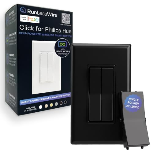 Image of RunLessWire Click for Philips Hue Battery-Free Wireless Smart Switch Black | Works Natively with Hue Bridge & App, Self-Powered by Kinetic Energy, Mount Anywhere within 30ft Range, Replace Wall Switch