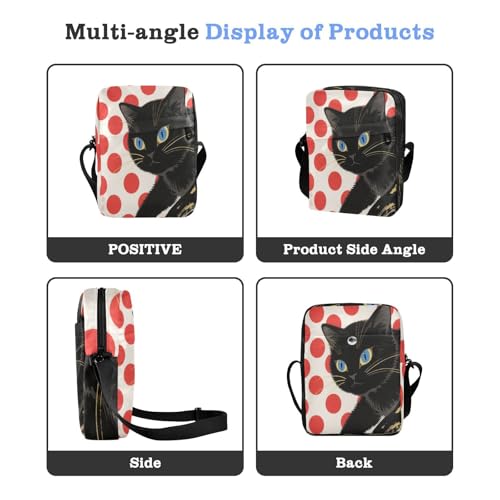 crossbody messenger bag men's shoulder bag Cross Over Purse Adjustable Strap for outdoor sports outdoor sports- Red Dots Black Cat4