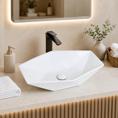 Image of QUALITO White Table Top Wash Basin for Bathroom, Living Room, Hall, Dinning Room | Countertop /Over Counter Ceramic Vessel Sink /Basin | Glossy Finish Table Top Wash Basin (Diamond)