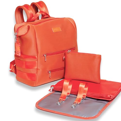 Image of BUNSO Diaper Bag Backpack, Water-resistant Neoprene Bag With Changing Pad, Stroller Straps, Wet Bag and Pouch - RUST