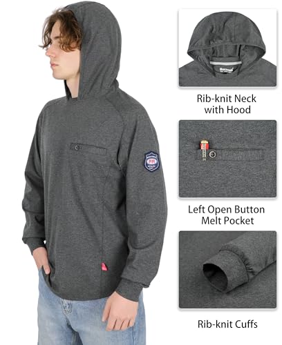 Image of BOCOMAL FR Hooded T Shirts Utility Pocket Fire Resistant Summer Hoodie CAT2 | 6oz Midweight Flame Retardant Cotton Hoodies,Kangaroo /Button Pocket,NFPA2112,Rib-Knit Cuffs,FRC Welding Arc Rated Work Shirt