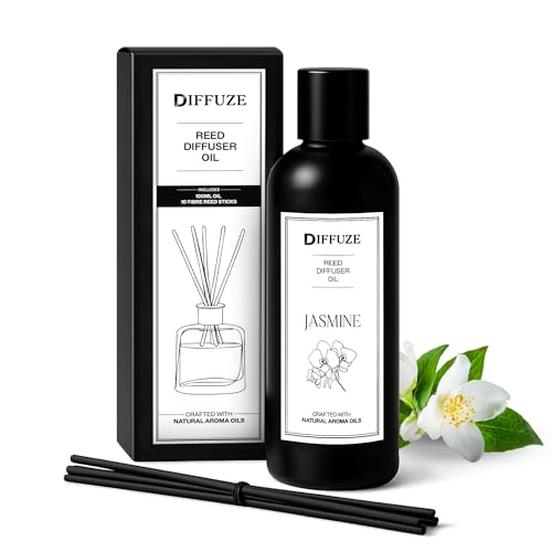 Image of DIFFUZE Jasmine Essential Oil Reed Diffuser Refill with 10 Fibre Reed Sticks | Floral Aroma Oil & Fragrance Oil | Diffuser Oil for Home Fragrance | Essential Oil Diffuser for Home