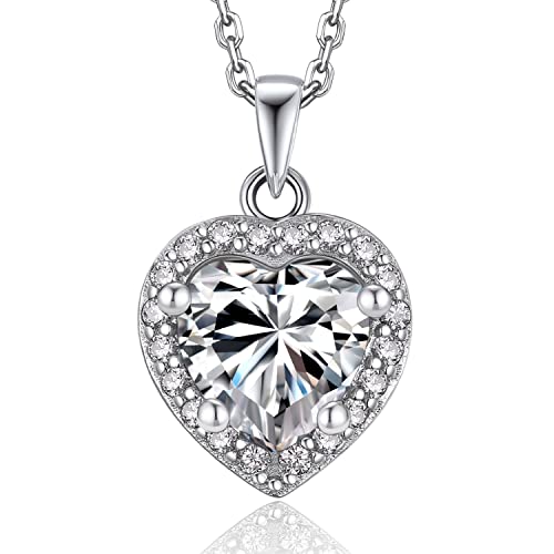 MomentWish Heart Necklace for Women, 1 Carat Simulated Moissanite Necklace for Her 925 Sterling Silver Halo Pendant Anniversary Valentine's Day Birthday Gifts for Mom Wife Girlfriend-Heart