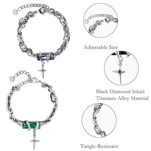 Image of 2PCS Gothic Punk Bracelet Double for Men-Linked Chain Adjustable Black Green Twisted Design Biker Jewelry Gift for Boyfriend Husband