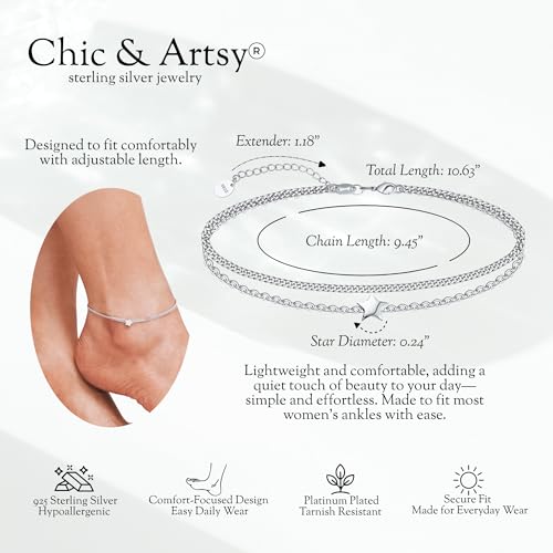 Image of CHIC & ARTSY 925 Sterling Silver Ankle Bracelets for Women, Adjustable Double Layer Chain Anklets, Minimalist Lightweight Foot Jewelry for Beach & Everyday Wear