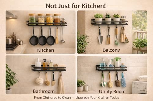 Image of Wall Mounted Spice Rack Organizer Hanging Spice Seasoning Rack bathroom Shelf Holder with 5 utensils hanging hooks Organizer Storage for Kitchen Cabinet (set of 1)