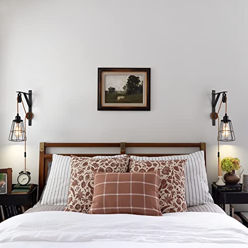 Image of Industrial Rustic Cage Wall Lamp Bracket Pulley Lights Fixture, Farmhouse Pendant Lamp Adjustable Hanging with Plug in Cord - Retro Wall Sconce for Indoor Living Room Restaurant (1-Pack)