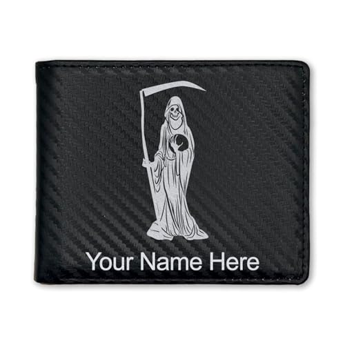 LaserGram Faux Leather Bi-Fold Wallet, Santa Muerte, Personalized Engraving Included (Carbon Fiber Black with Silver)