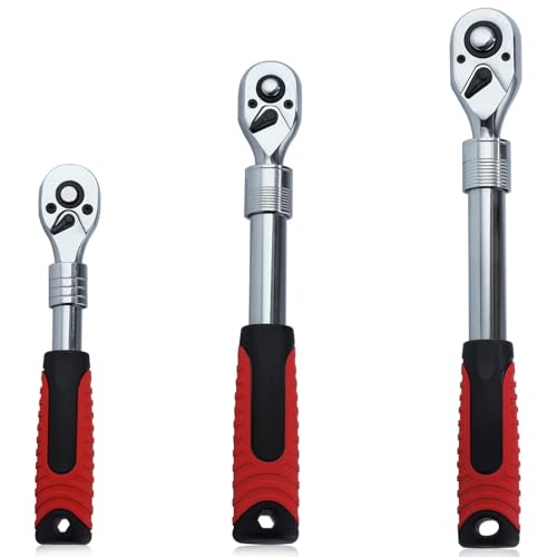 Image of LEONTOOL 3 Piece Extendable Ratchet Wrench Set 1/4 3/8 1/2 Inch Drive 72-Tooth Quick-Release Retractable Socket Wrench Reversible Ratcheting Wrench Mechanical Tools, CR-V, Soft Grip Handle Hand Tool