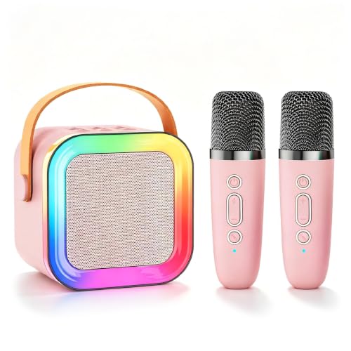 Mini Kids Karaoke Machine Toy Ages 3-12, 2 Wireless Mics Bluetooth Speaker