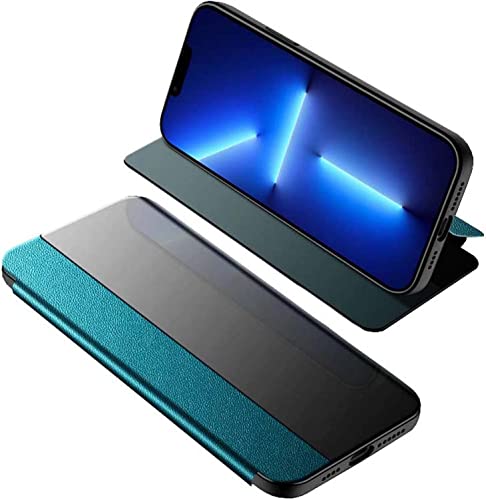 Étui iPhone 14 cyan pour éviter les bris d'écran avec rabat transparent antichoc pratique