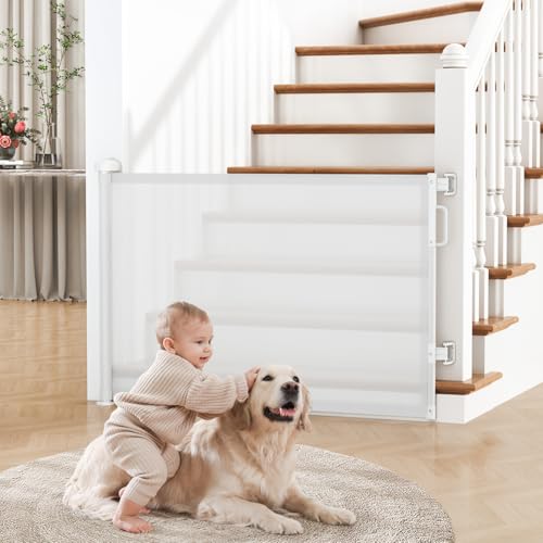 Image of Retractable Baby Gate for Stairs & Doorways, Dog Gate Indoor Outdoor | Extends to 55 inch Wide 34 inch Tall Mesh Child Gate for Hallways, Deck, Porch, Pet Toddler Safety Essentials, Easy Install, White