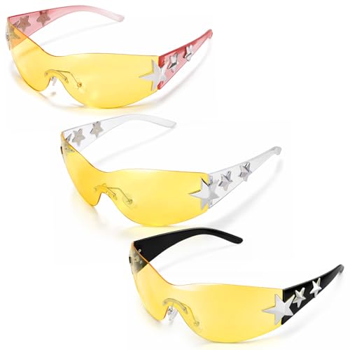 JATEBI 3 Pairs Y2K Night Driving Glasses for Women Men Anti Glare Yellow Lens Night Vision for Foggy Rainy Weather, Day & Night Use Black, Pink, Transparent