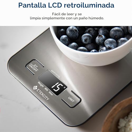 Miniatura 4 de Etekcity Ek6015, Báscula De Cocina Digital De Acero Inoxidable, Balanza Cocina De Alta Precisión 5 Kg 11 Lbs, Peso Cocina Con Pantalla Lcd, Multifuncional, 2 Baterías Incluidas