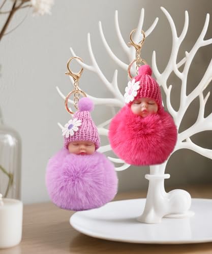 Select Zone Schlüsselanhänger Bommel 4 pcs Schlafende Babypuppe Keychain Plüsch Anhänger Mini Baby Puppe Keychain | Handtasche Anhänger | Flauschige Auto