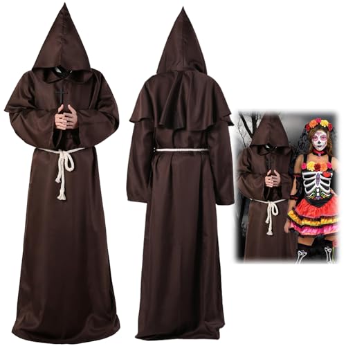 Disfarce de padre de Halloween, cor castanho, tamanho S, túnica medieval, fantasia de terror para homem, viagem no tempo, para homem, casal de cloak, fantasia medieval, capa de monge, capa